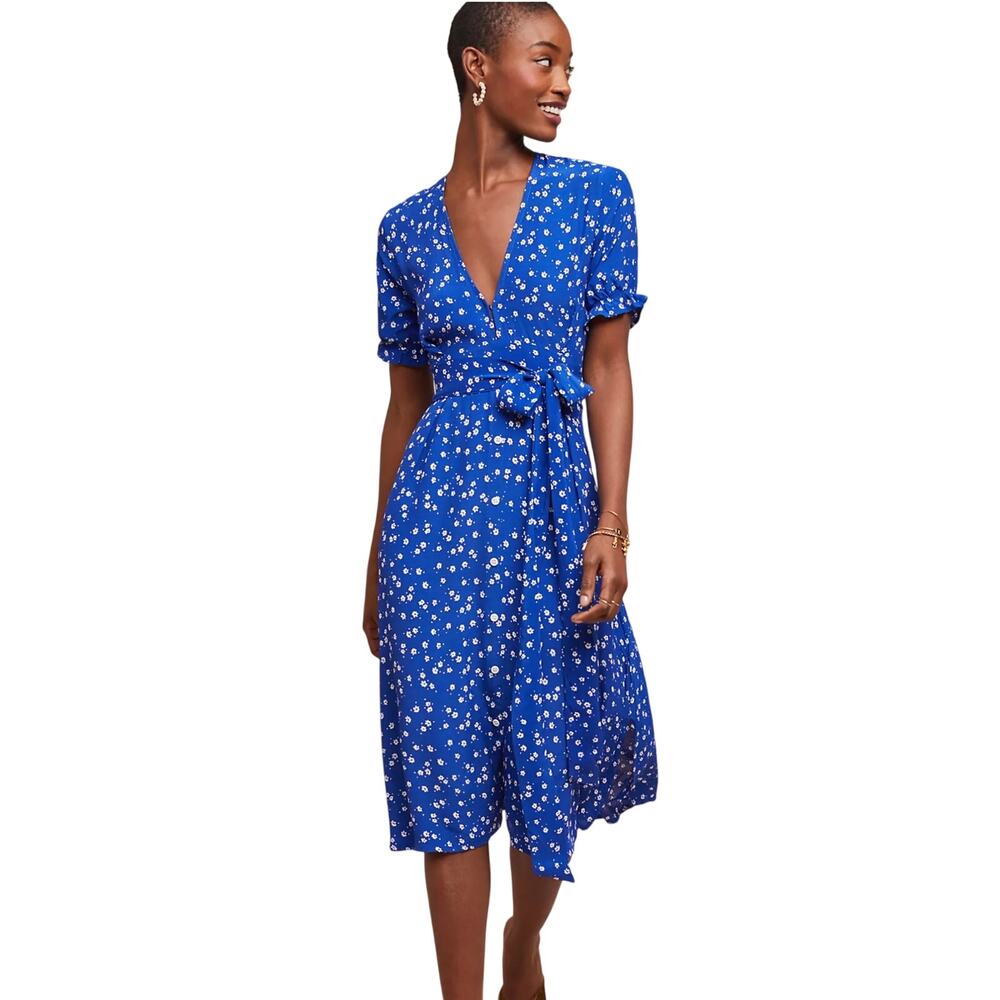 Faithfull The Brand Farah Blue Floral Midi Dress XS Deep V Tie Waist Cottage